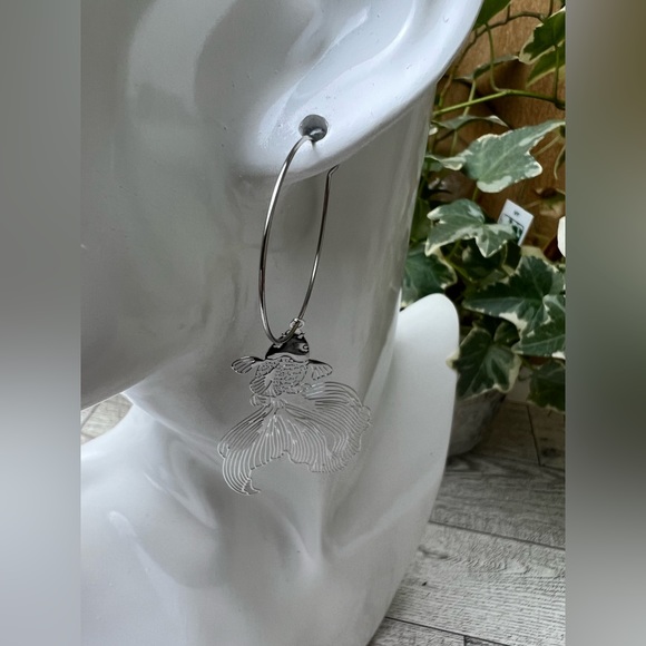 Oversized Silver Fish Hoop Earrings - Unique Statement Hoop Earrings - Picture 10 of 12